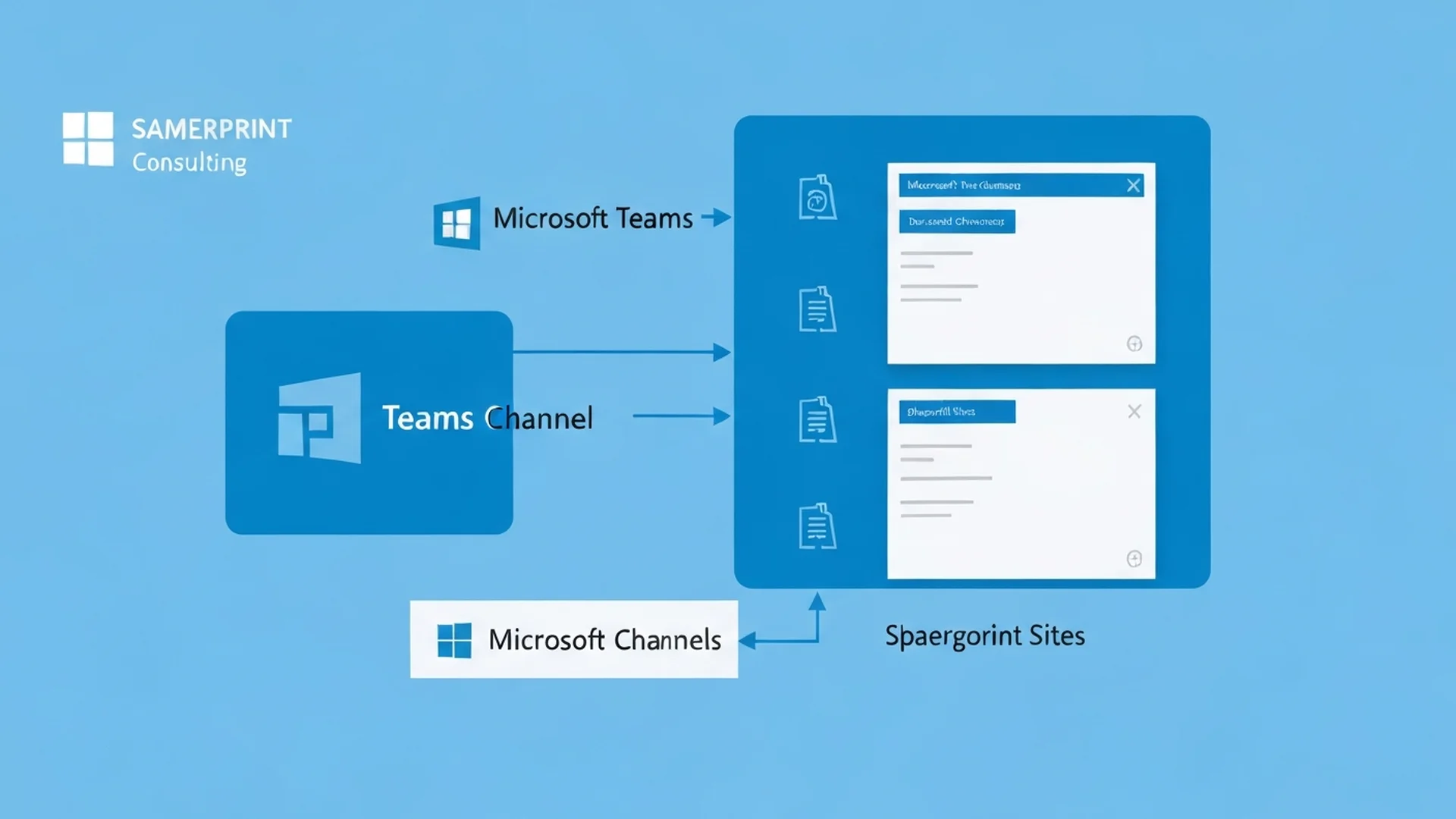 Microsoft Teams and SharePoint integration architecture showing document co-authoring, channel file storage, and site connectivity